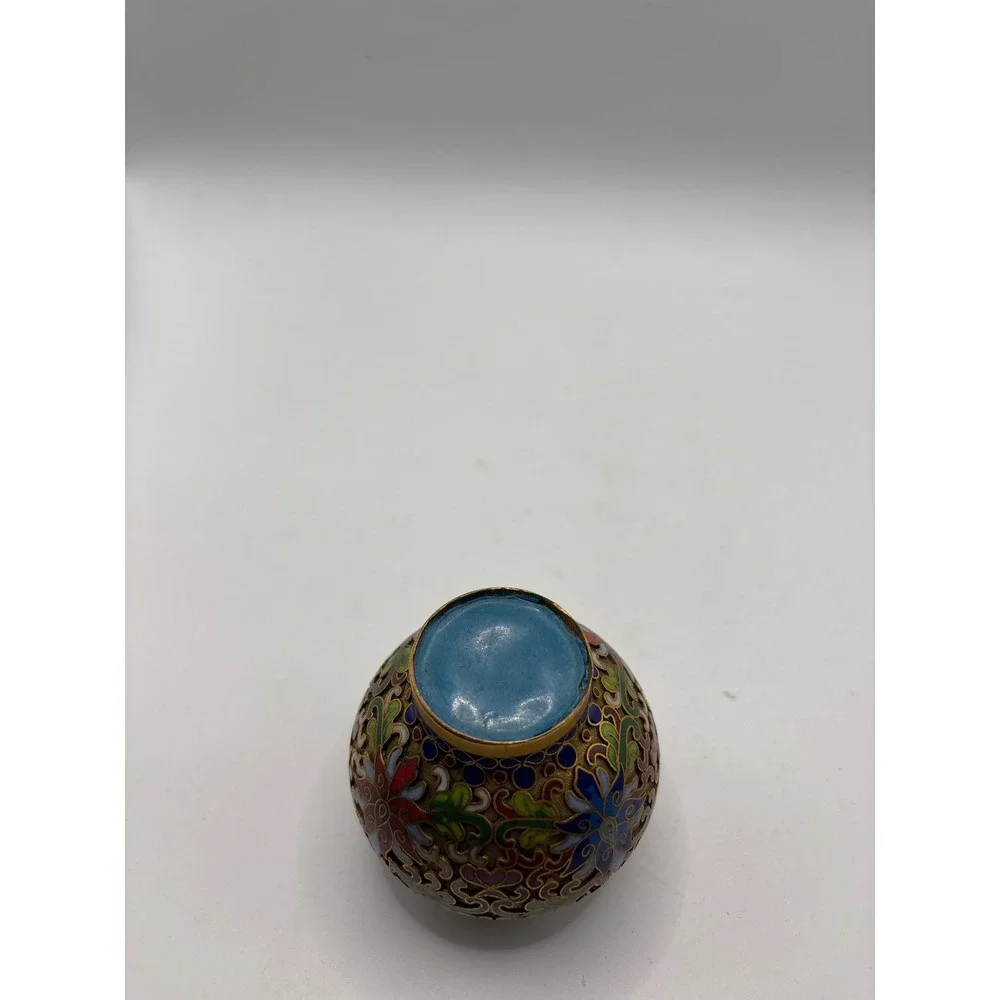 Vintage Cloisonne Enamel Miniature Vase Floral Blue Gold Tone Asian Decorative